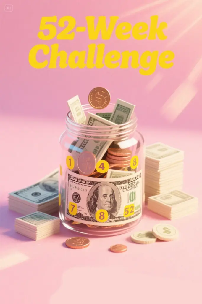 52 Week Easiest Money Saving Challenge 2 A savings jar labeled “52-Week Challenge” filled with dollar bills and coins, surrounded by neatly stacked money. The jar shows numbers from 1 to 52, symbolizing steady weekly savings. The scene is set against a pastel pink background with soft highlights.