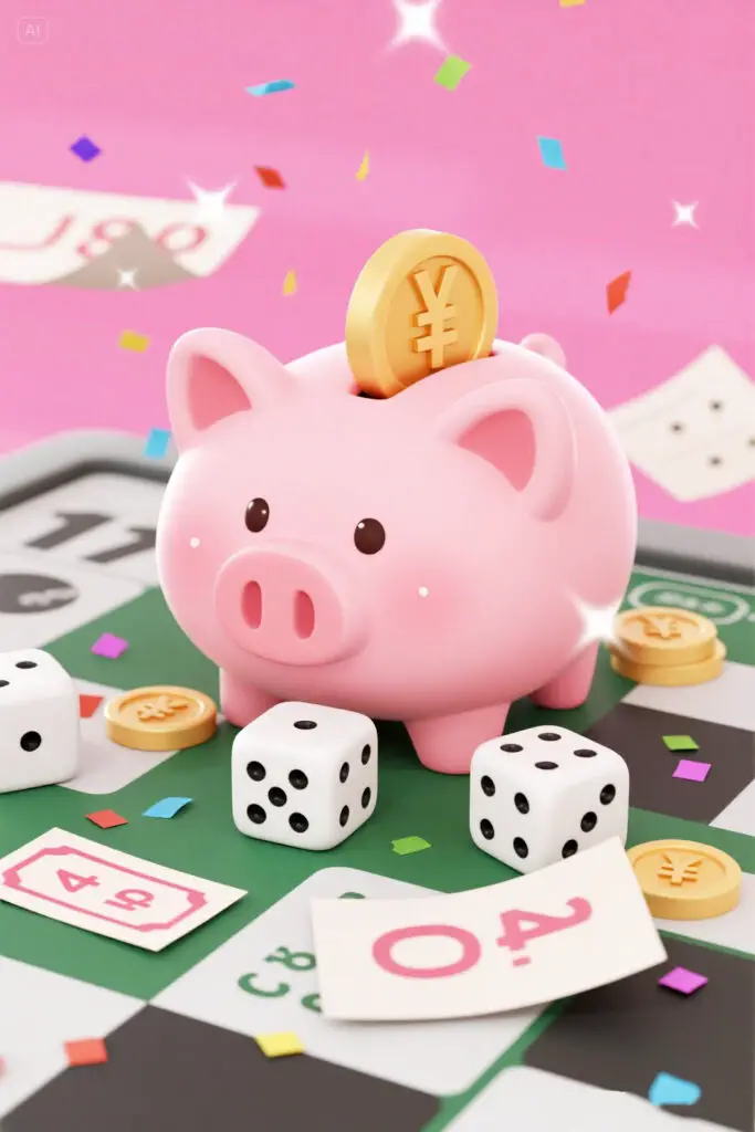 52 Week Easiest Money Saving Challenge 3 A playful piggy bank surrounded by dice, numbered slips of paper, and small pieces of confetti, representing a gamified approach to saving money. The pastel pink background with bright highlights adds a cheerful, fun vibe.