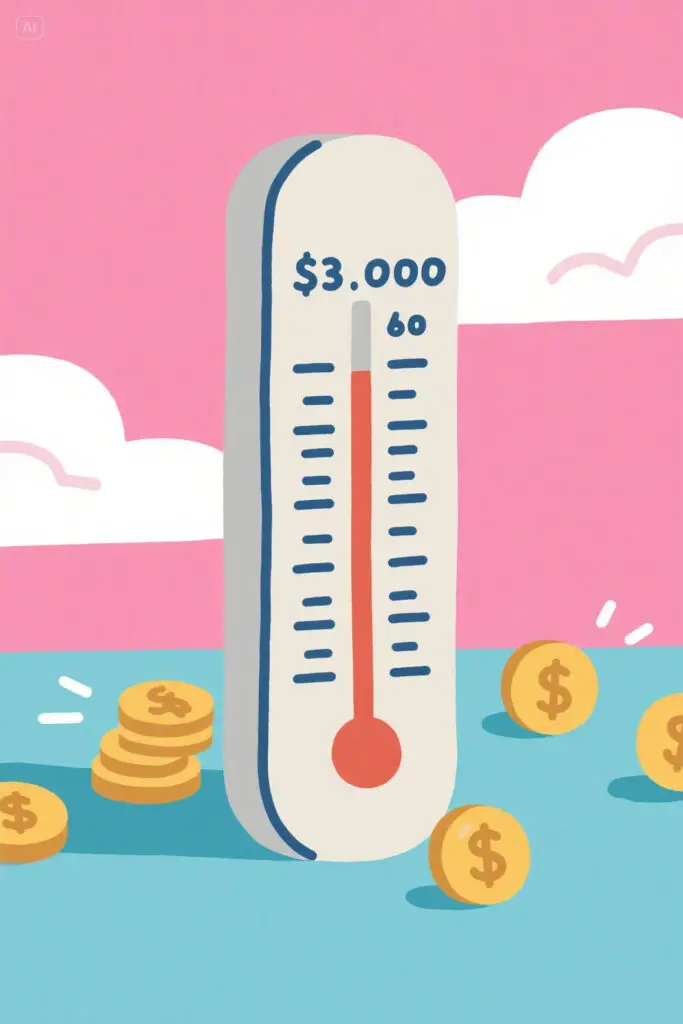 The Most Effective Bi Weekly Savings Challenge 3000 3 Savings tracker illustration on a pastel pink background with a thermometer-style chart filling up with money icons, stars, and confetti, symbolizing motivation and progress toward the $3,000 biweekly savings challenge.