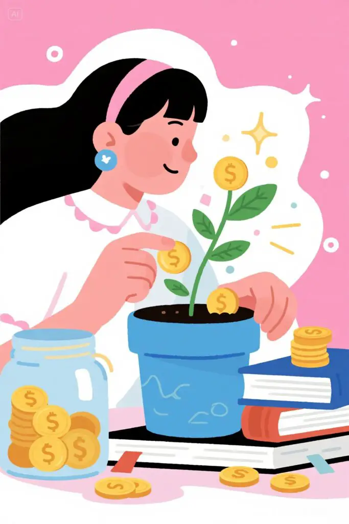 10 Steps To Financial Freedom 3 A woman places coins into a flourishing money plant against a pastel pink background, with a savings jar and a stack of books beside her. Glowing highlights represent long-term financial growth.