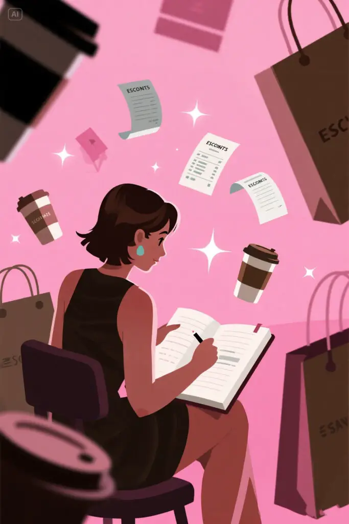 10 Steps To Financial Freedom 2 A woman writes expenses in a notebook on a pastel pink background, surrounded by floating receipts, coffee cups, and shopping bags. Soft glowing highlights symbolize awareness of spending habits.