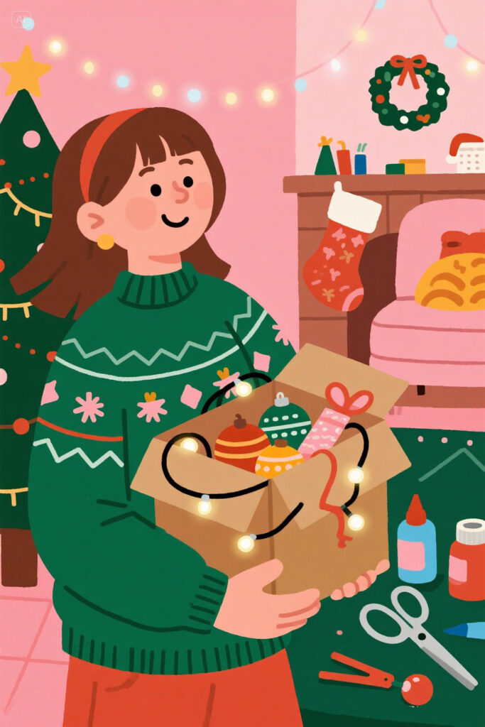 Cheerful person holding a box of old Christmas ornaments, ribbons, and fairy lights while a nearby crafting table shows scissors, glue, and paint for DIY repurposing. A cozy living room with a wreath and stockings is subtly visible, all on a pastel pink background with glowing highlights.