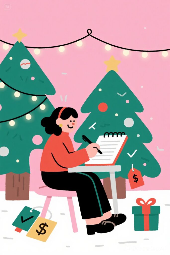 Person sitting at a desk writing a Christmas gift list in a notepad, with small icons of presents, checkmarks, and price tags around them. A decorated Christmas tree with ornaments and lights is in the background, set against a pastel pink background with soft highlights.