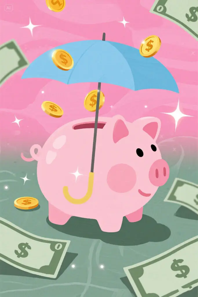 Illustration of a pastel pink piggy bank under an umbrella with coins dropping in and surprise bills around it, set on a pastel pink background with glowing highlights, representing saving for unexpected expenses while building a home.