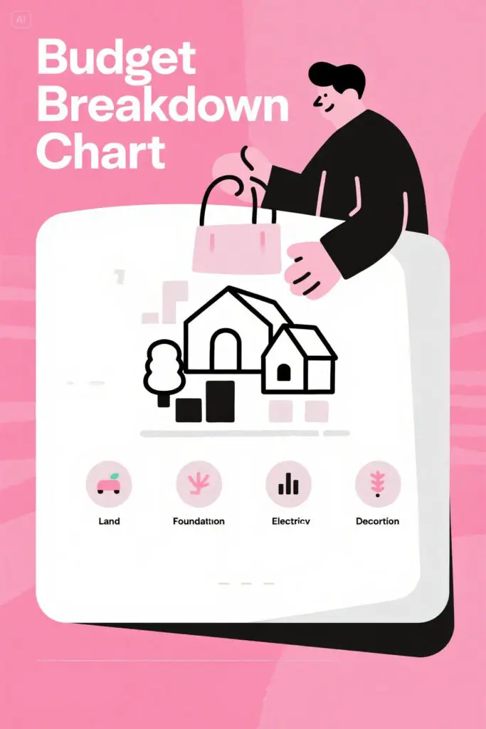 Illustration of a pastel pink checklist with labeled sections like land, structure, plumbing, interiors, and permits, with small icons beside each, set against a soft pastel pink background with glowing highlights, symbolizing organized budgeting for house construction.