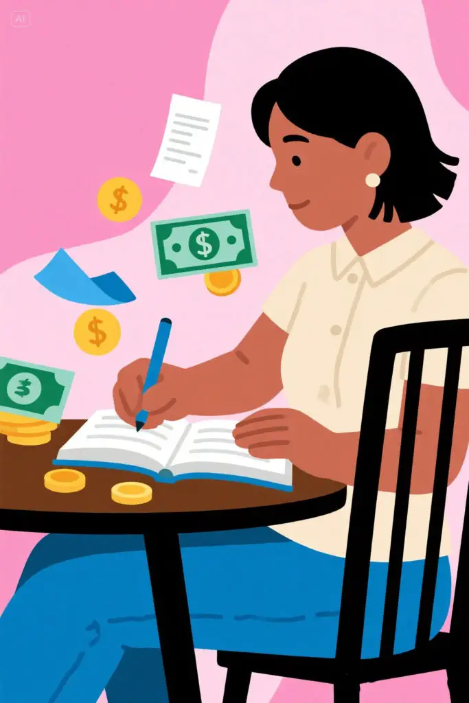A minimalist flat illustration of a woman writing down daily expenses in a notebook, with coins, dollar bills, and receipt icons floating around her. Soft glowing accents on a pastel pink background with highlights.