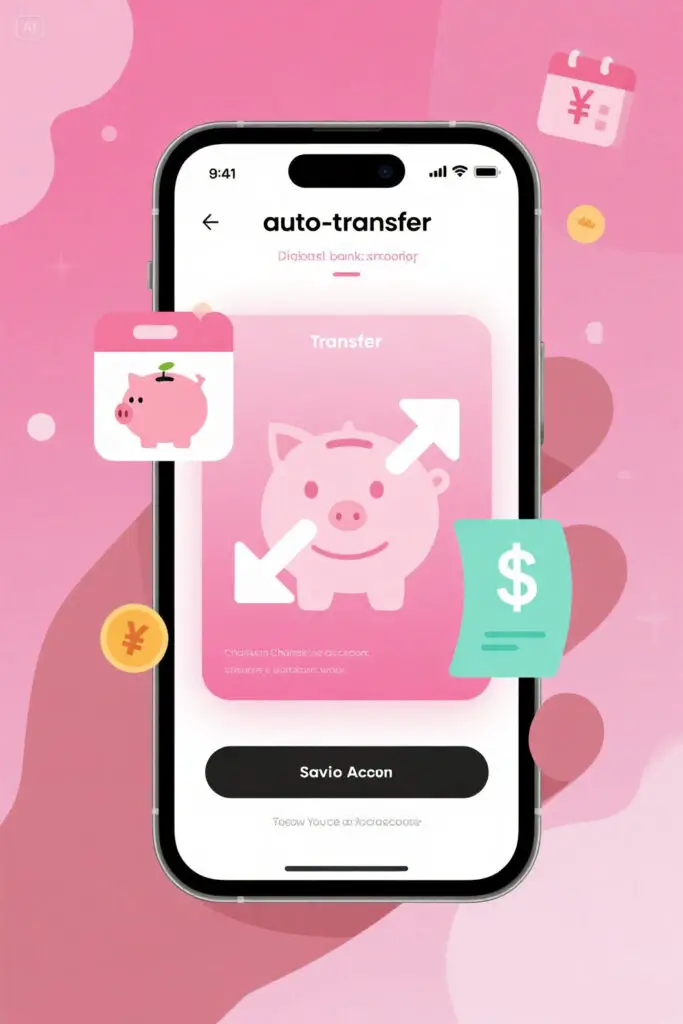 A digital banking concept showing a smartphone screen with auto-transfer arrows moving money into a savings account, surrounded by icons of a piggy bank, calendar, and bills. Gentle glow effect on a pastel pink background with highlights.