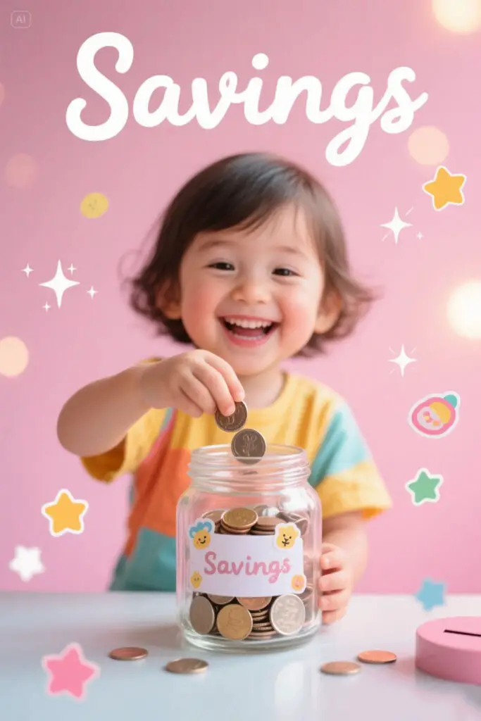 A cheerful child placing coins into a transparent savings jar decorated with stickers on a pastel pink background with soft glowing highlights.