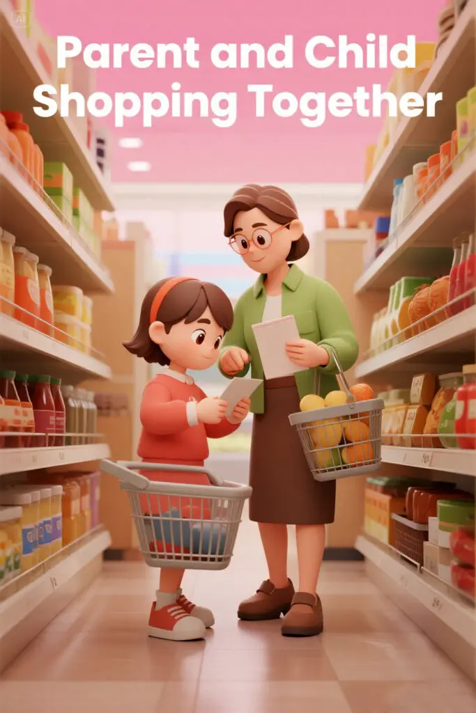 A parent and child smiling while comparing grocery prices and checking a shopping list on a pastel pink background with subtle glowing highlights.