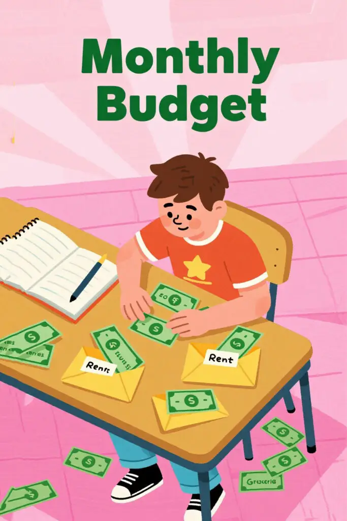 Teen working on a mock budgeting challenge using play money, envelopes, and bills on a pastel pink background, illustrating how to manage real-life expenses with limited income.
