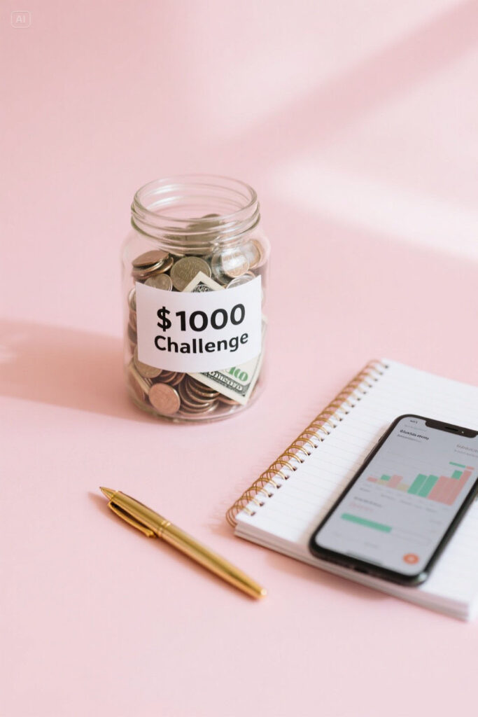Flat lay of a savings jar labeled "$1000 Challenge" with coins, bills, and a notebook on a pastel pink background with golden highlights, symbolizing the start of a realistic savings journey.