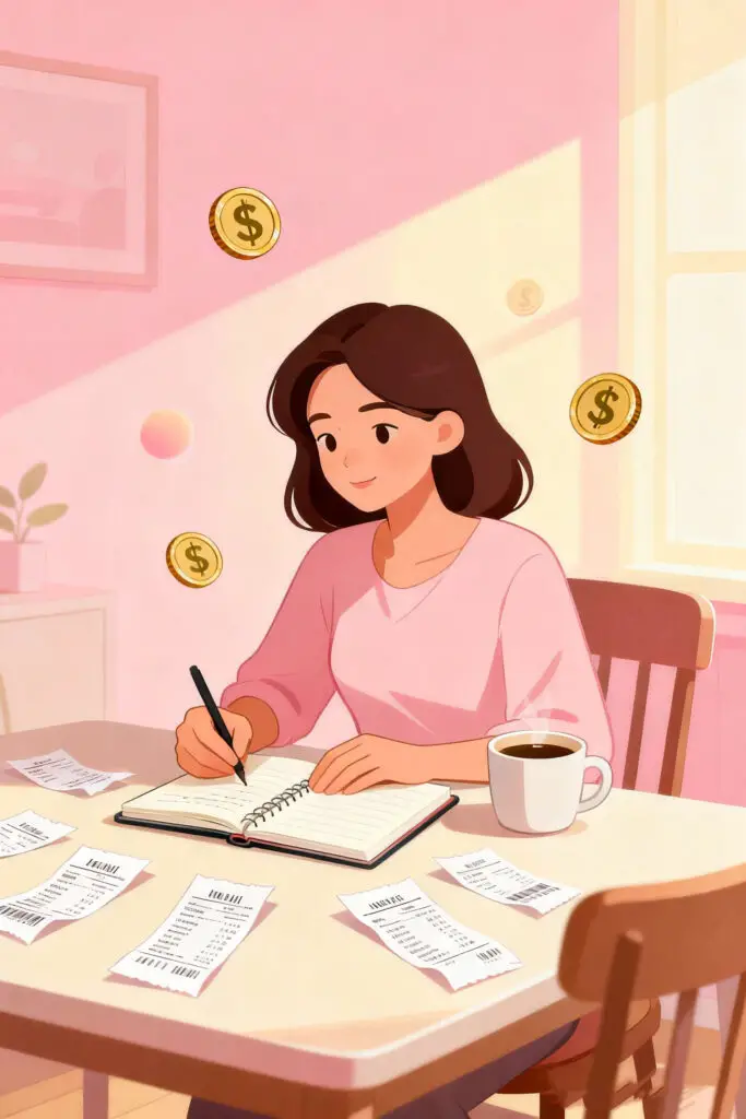 Easiest Budgeting Ideas for Families with One Income 2 An illustration of a woman tracking her monthly expenses in a notebook surrounded by receipts on a pastel pink background, representing mindful budgeting and expense awareness for families living on one income.