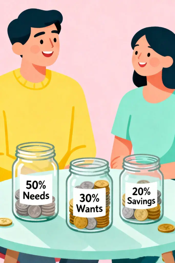 Easiest Budgeting Ideas for Families with One Income 3 An illustration of three glass jars labeled Needs, Wants, and Savings on a pastel pink background, with a couple planning their monthly budget following the 50/30/20 rule for a one-income household.