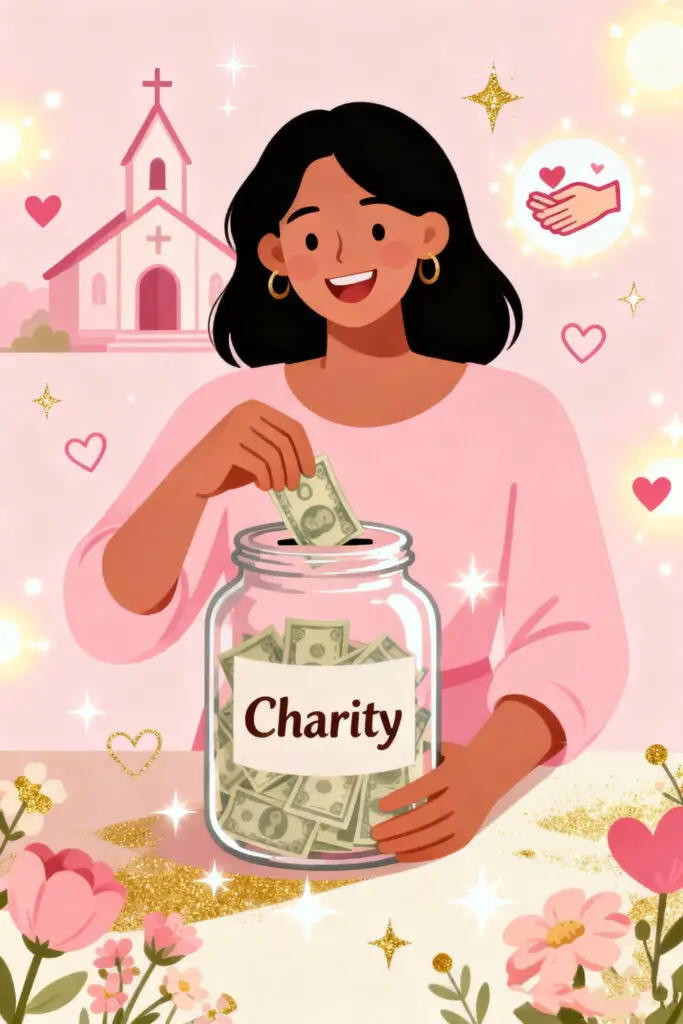 An illustration of a woman donating money into a charity jar on a pastel pink background, symbolizing generosity and the joy of giving in Dave Ramsey’s budgeting philosophy.