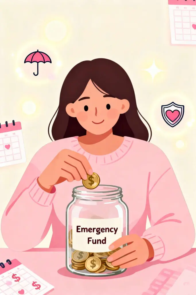 An illustration of a woman saving coins in an emergency fund jar on a pastel pink background, representing financial security and preparedness inspired by Dave Ramsey’s budgeting system.