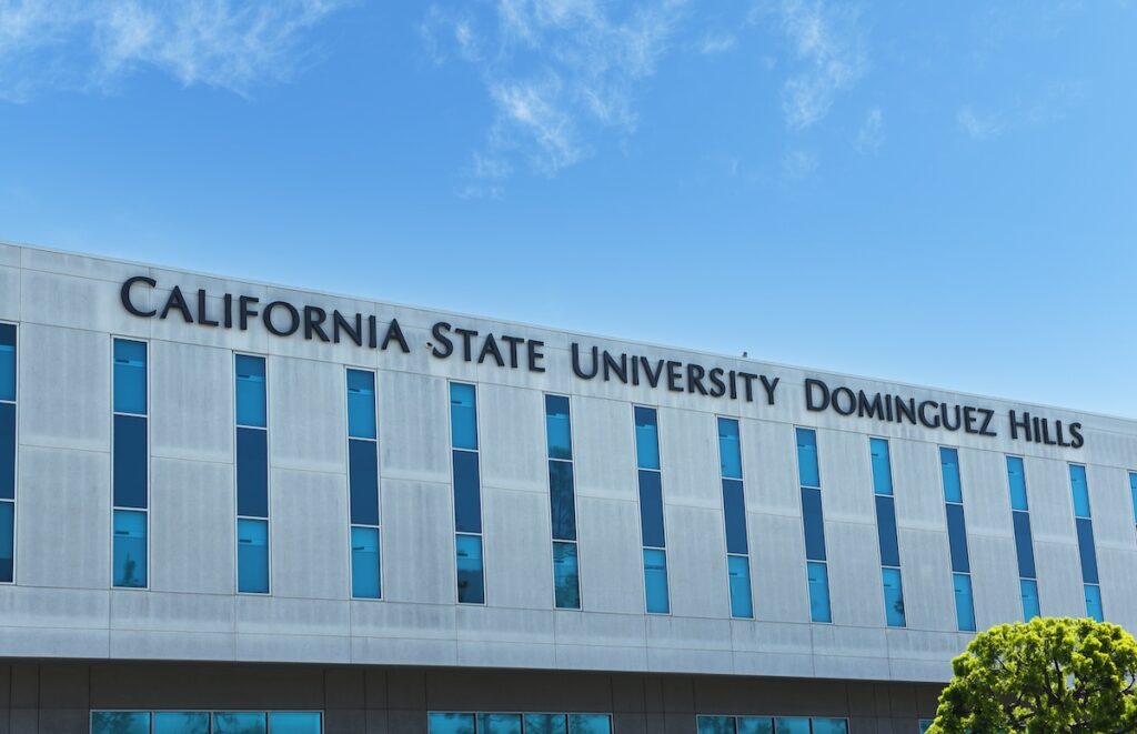 California State University Dominguez Hill sign on building.