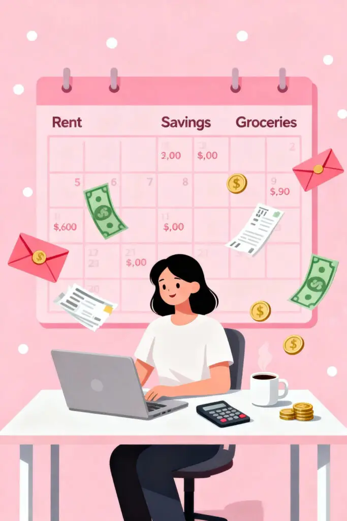 Zero Based Budget and Financial Planning: A Step-by-Step Guide 2 Illustration of a woman planning her monthly budget at a desk with a laptop and floating money icons on a pastel pink background, symbolizing the concept of zero-based budgeting and financial organization.