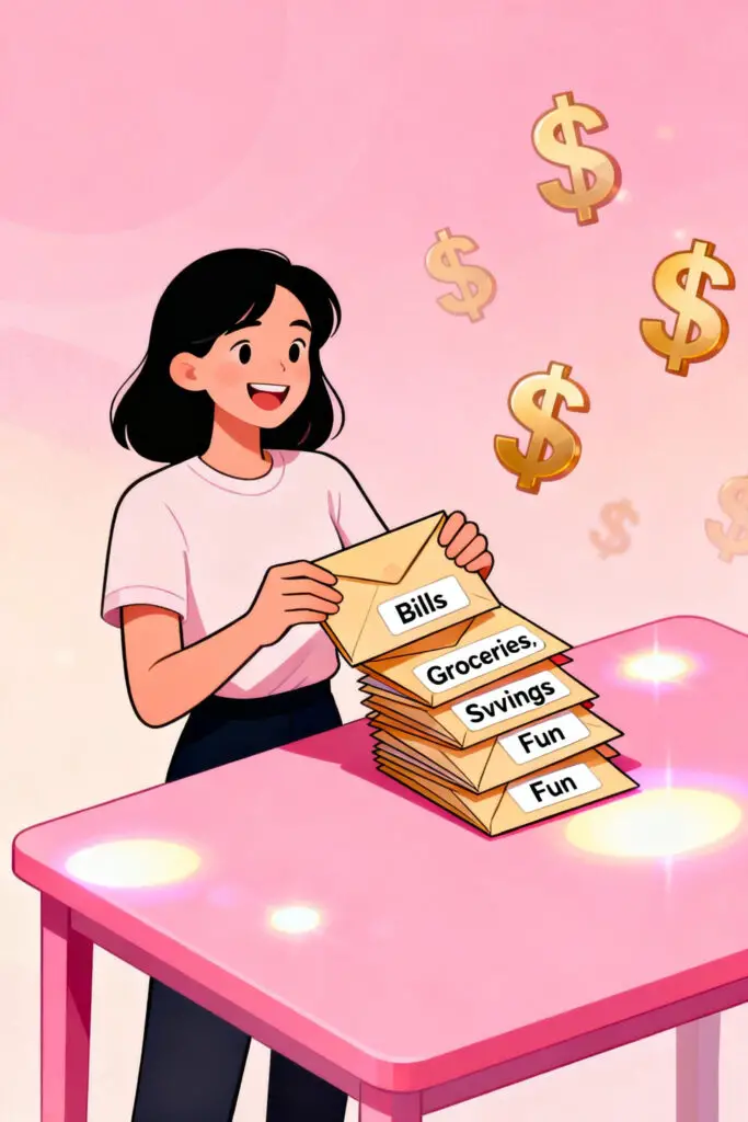 Zero Based Budget and Financial Planning: A Step-by-Step Guide 3 Illustration of a woman organizing envelopes labeled with spending categories on a pastel pink background, representing assigning every dollar a purpose in zero-based budgeting.