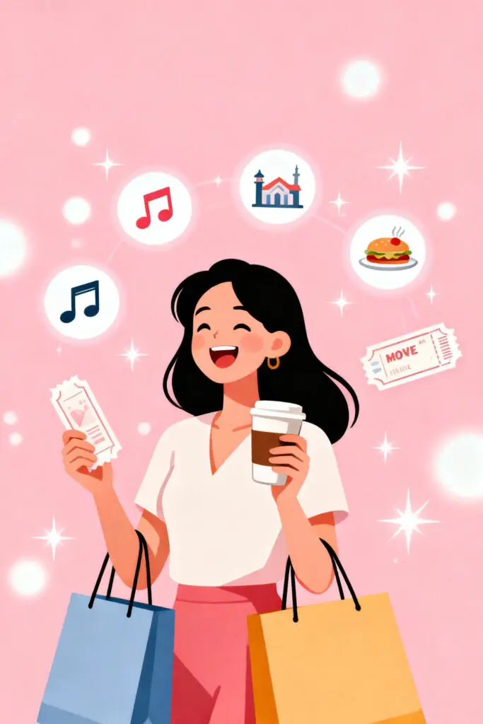 60-20-20 Rule: The Simple Budget Plan That Actually Works 3 Illustration of a smiling woman enjoying small luxuries like shopping, coffee, and movies on a pastel pink background, representing the 20% personal spending part of the 60-20-20 budgeting rule.