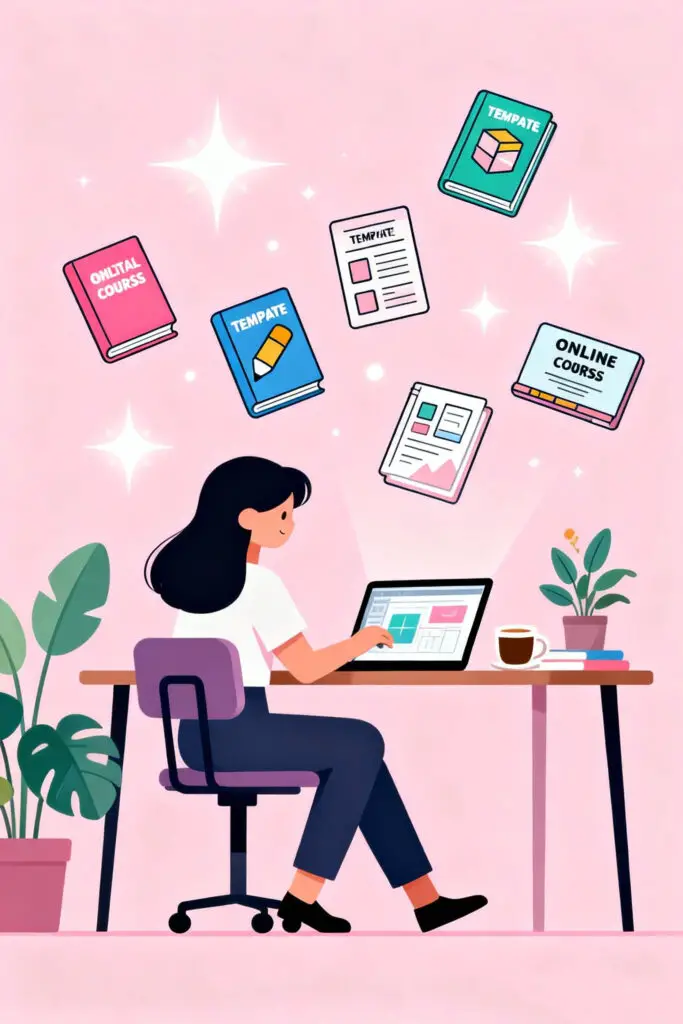 How to Make $10K/Month in 2025 (No Guesswork – 18 Proven Methods!) 2 Illustration of a woman creating digital products like ebooks and templates on her laptop, with floating icons around her on a pastel pink background symbolizing passive income and creativity.