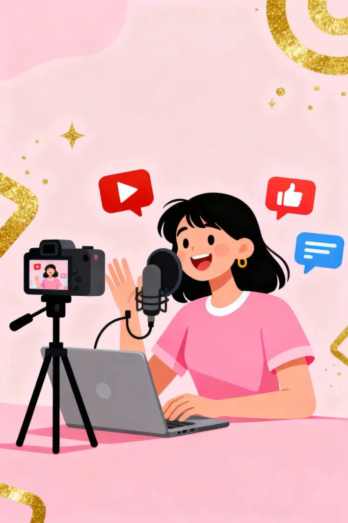 How to Make $10K/Month in 2025 (No Guesswork – 18 Proven Methods!) 3 Illustration of a content creator filming for her YouTube channel with recording gear and social media icons around her on a pastel pink background, symbolizing creative growth and digital success.