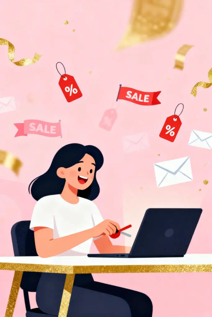 Illustration of a woman smiling while unsubscribing from marketing emails on her laptop, with sale icons and envelopes disappearing around her on a pastel pink background, symbolizing breaking free from shopping temptations.