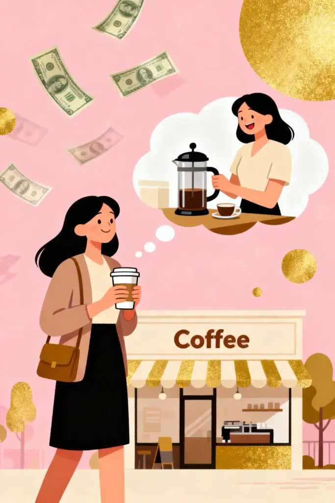 Illustration of a woman comparing daily takeout coffee with making coffee at home, showing money savings through floating dollar signs, on a pastel pink background symbolizing smart daily choices.