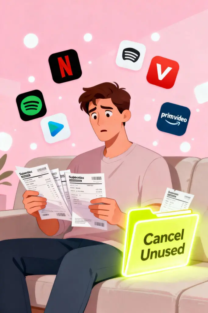 Illustration of a man overwhelmed by multiple streaming and music subscriptions, reviewing his bills and considering cancellations, on a pastel pink background representing control over monthly spending.