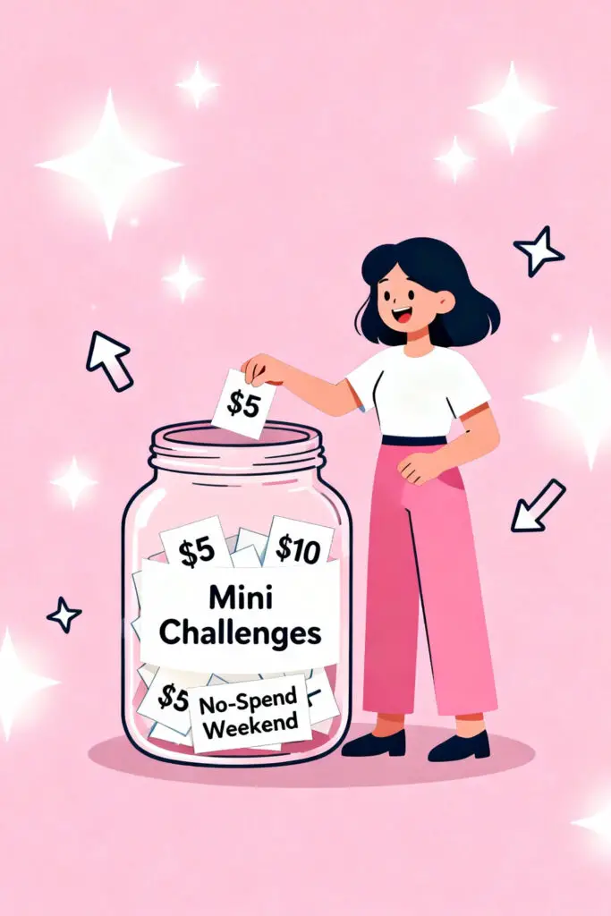 20 Simple Budget Hacks for Beginners 3 Illustration of a woman adding a $5 mini savings challenge slip into a jar on a pastel pink background.