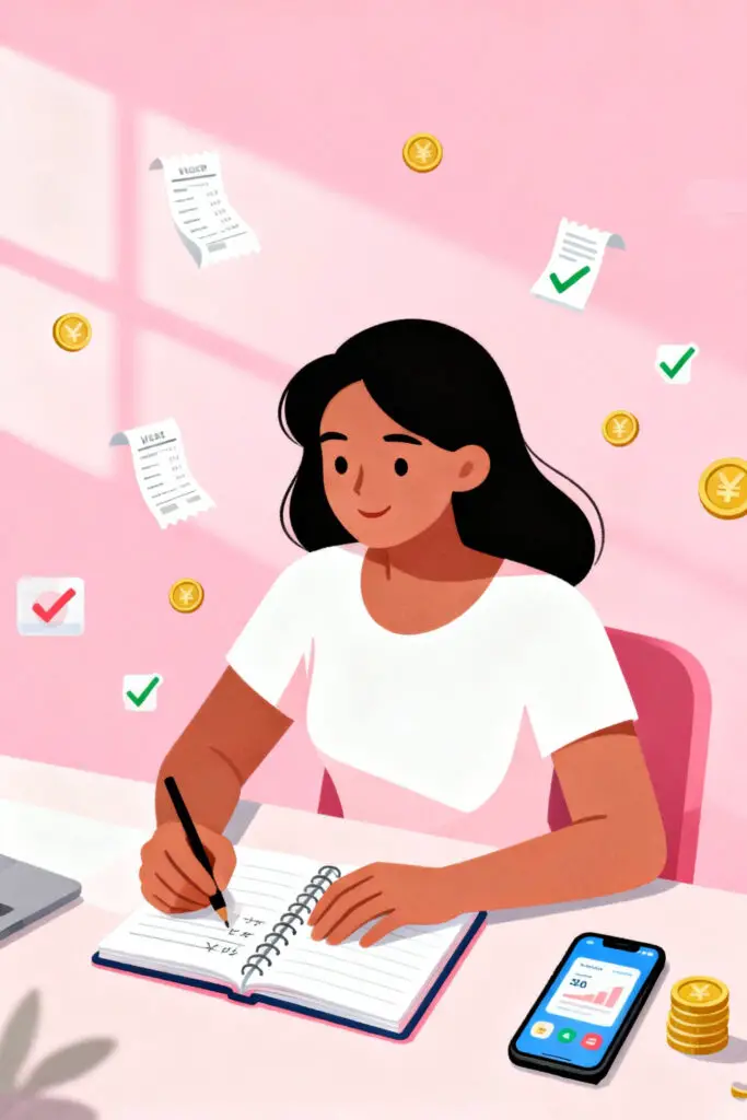 20 Simple Budget Hacks for Beginners 2 Illustration of a woman tracking her monthly expenses using a notebook and phone app on a pastel pink background.