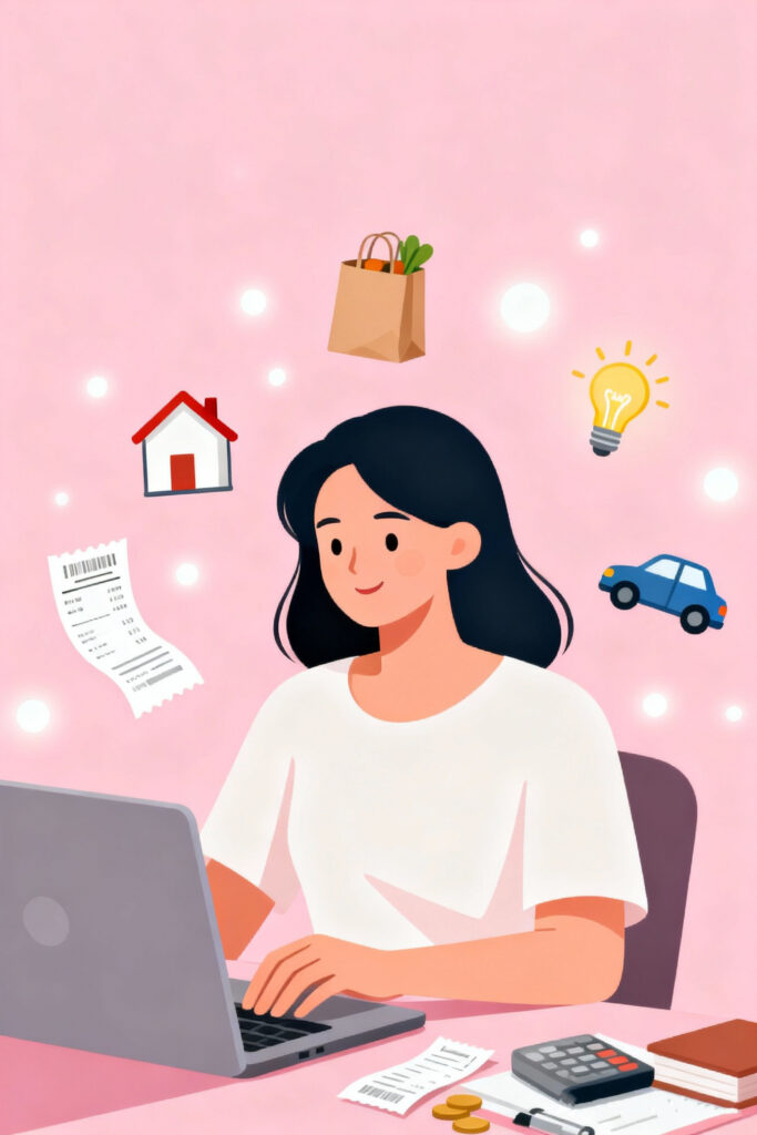 What Is The 30-30-30-10 Budget | Will It Work For You? 2 Illustration of a woman reviewing essential expenses like rent, groceries, and utilities with icons floating around her on a pastel pink background.