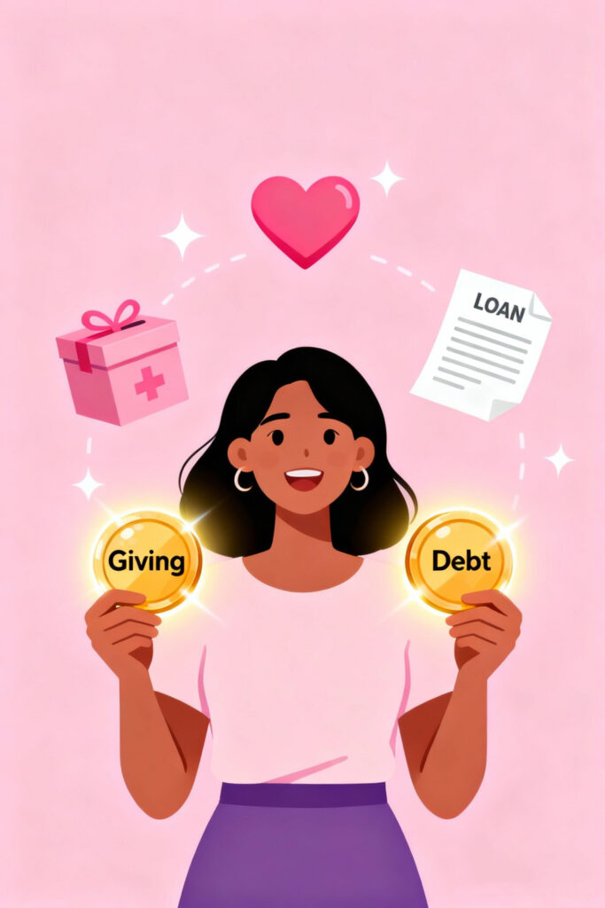 What Is The 30-30-30-10 Budget | Will It Work For You? 3 Illustration of a woman deciding between giving and debt repayment, with charity and loan icons on a pastel pink background.