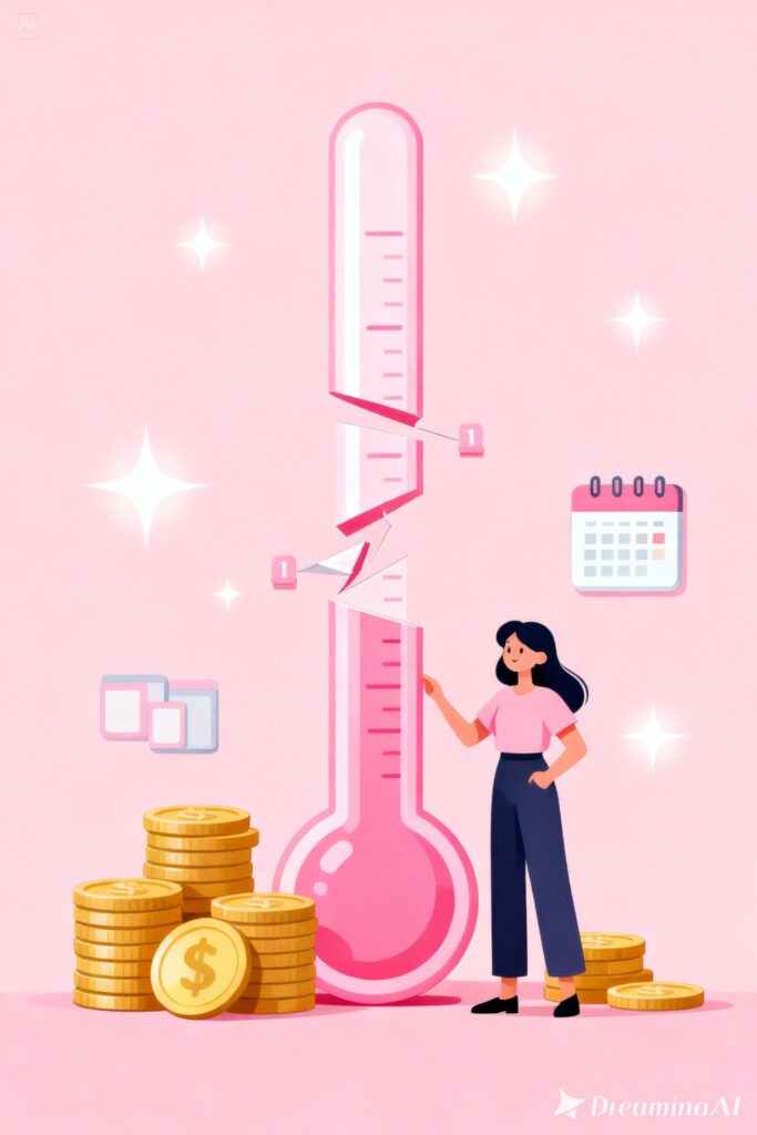 Illustration of a woman tracking small savings milestones on a large thermometer-style savings chart with coins and calendar icons on a pastel pink background.