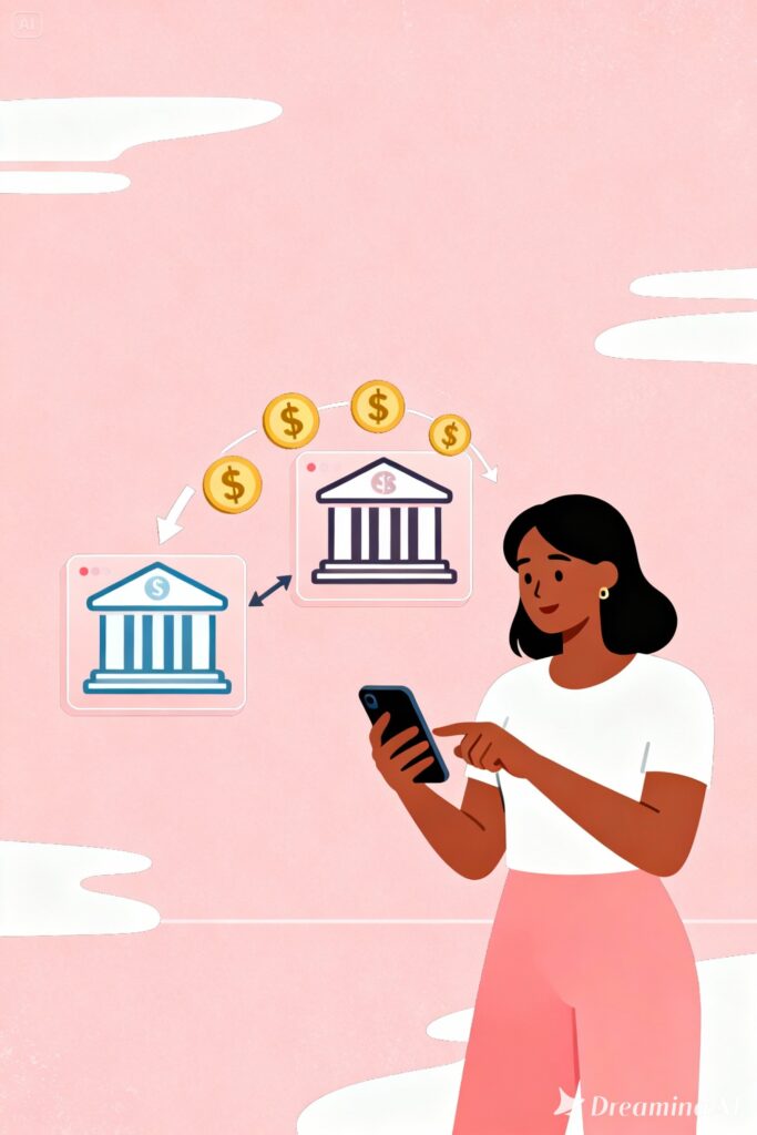 Illustration of a woman setting automated bank transfers on her phone with floating money-transfer icons on a pastel pink background.