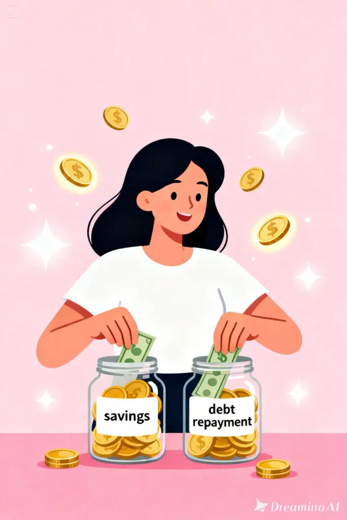 Illustration of a woman putting money into savings and debt jars with floating coins on a pastel pink background.