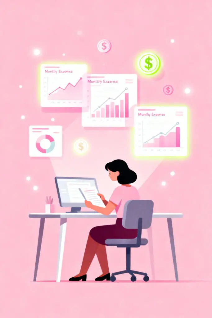 How to Use Budgeting for Better Personal Finance Management 2 Illustration of a woman reviewing her budget with floating charts and money icons on a pastel pink background.