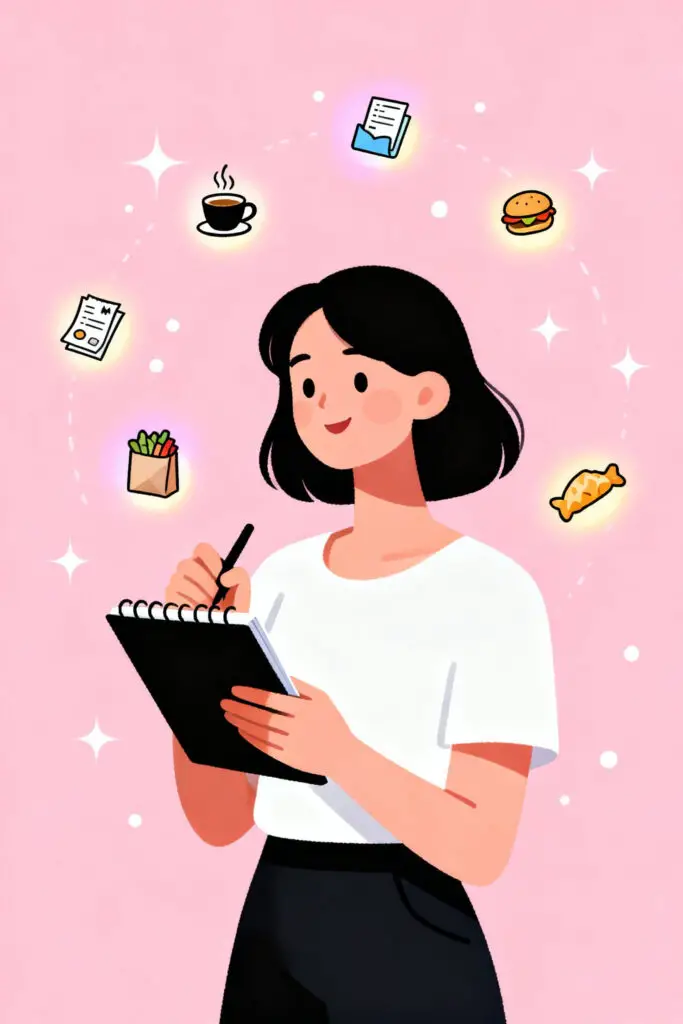 How to Use Budgeting for Better Personal Finance Management 3 Illustration of a woman tracking her spending with various expense icons surrounding her on a pastel pink background.
