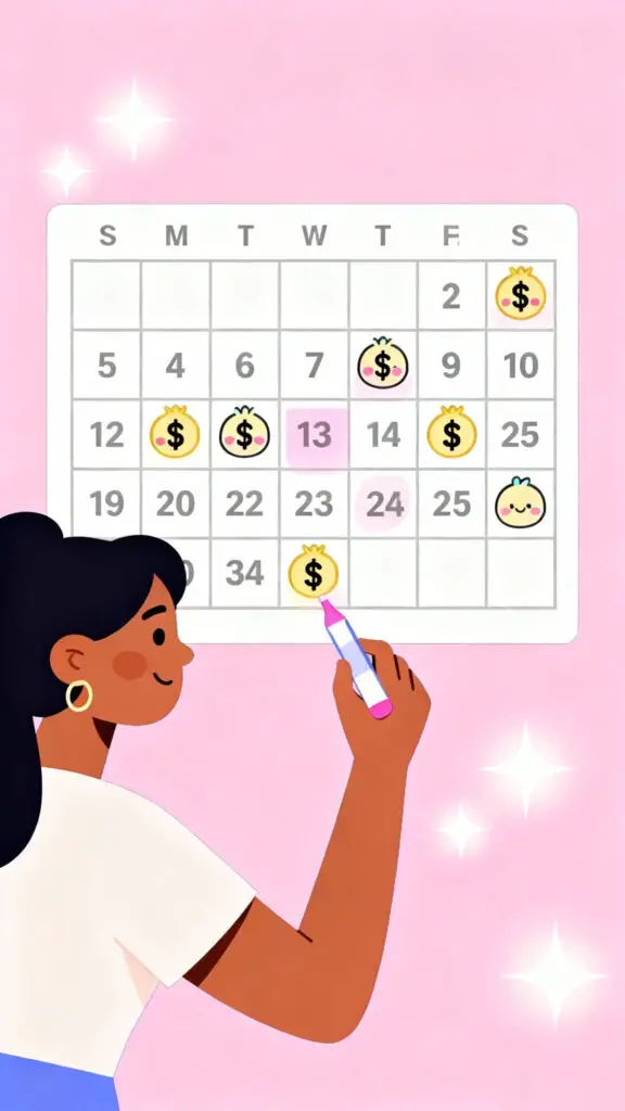 The $1 Challenge to Save $1,500 in 6 Months 3 Illustration of a woman marking off a 6-month savings plan calendar with dollar icons on a pastel pink background.