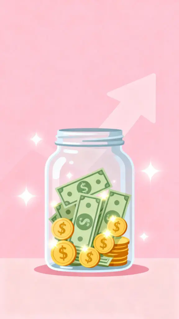 The $1 Challenge to Save $1,500 in 6 Months 2 Illustration of a savings jar gradually filling with tiny dollar bills on a pastel pink background, symbolizing how small amounts add up.