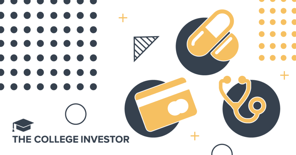 Abstract graphic illustration depicting the concept of HSA qualifying expenses through three central icons set against a white background with geometric patterns. At the top, two yellow pills symbolize eligible medications; to the bottom left, a credit card represents the financial aspect of using Health Savings Account funds; and to the bottom right, a stethoscope represents covered medical care and doctor visits. The design uses a mustard-yellow and dark grey color palette with decorative dots and plus signs to visually connect healthcare needs with financial payment methods. Source: The College Investor