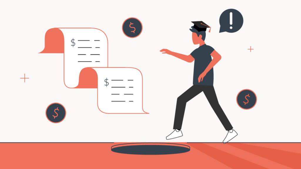 Illustration of a student wearing a graduation cap nearly stepping into a hole while surrounded by floating financial documents and dollar signs. An exclamation point above his head signals alarm, visually representing the pitfalls of disorganization and the risk of missing deadlines when failing to track and organize scholarship applications. Source: The College Investor