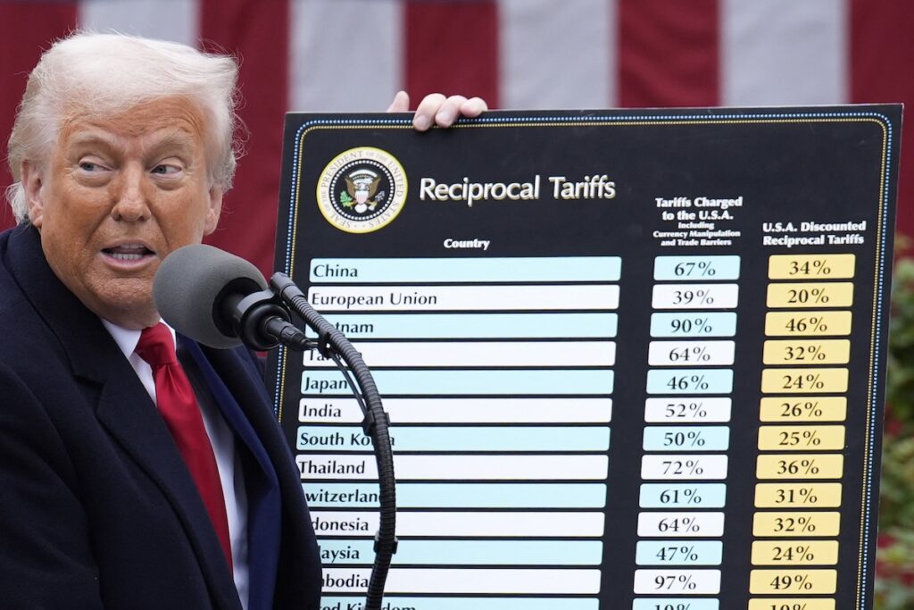 US President Donald Trump delivers remarks before signing an executive order on tariffs during the Make America Wealthy Again event in the Rose Garden at the White House in Washington on April 2, 2025. Photo by Yuri Gripas/Abaca/Sipa USA(Sipa via AP Images)