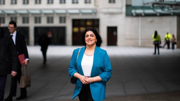Shabana Mahmood smiles while walking outside BBC Broadcasting House after her appearance on Sunday with Laura Kuenssberg.