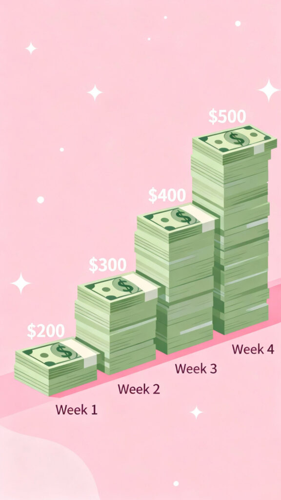 30,000 Money Saving Challenge - Save 30,000 in 52 Weeks 3 Illustration of gradually increasing weekly savings stacks labeled $200 to $500 on a pastel pink background.