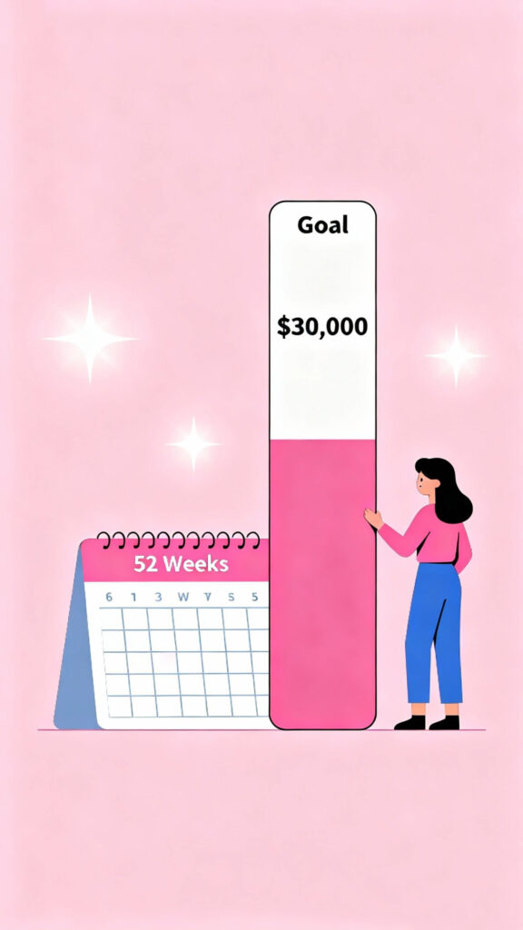 30,000 Money Saving Challenge - Save 30,000 in 52 Weeks 2 Illustration of a woman planning her 52 week savings challenge with a calendar and $30,000 goal bar on a pastel pink background.