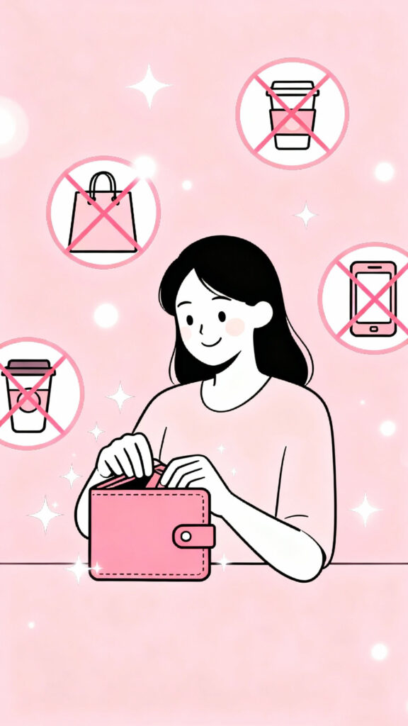 100K Savings Goal with Monthly Budget Challenges 2 Illustration of a woman closing her wallet while non-essential items are crossed out around her, set on a pastel pink highlighted background.