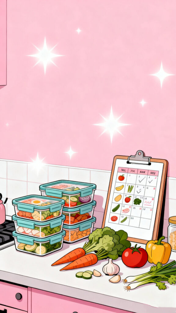 100K Savings Goal with Monthly Budget Challenges 3 Illustration of meal-prep containers and a weekly food plan on a kitchen counter with a pastel pink highlighted background.