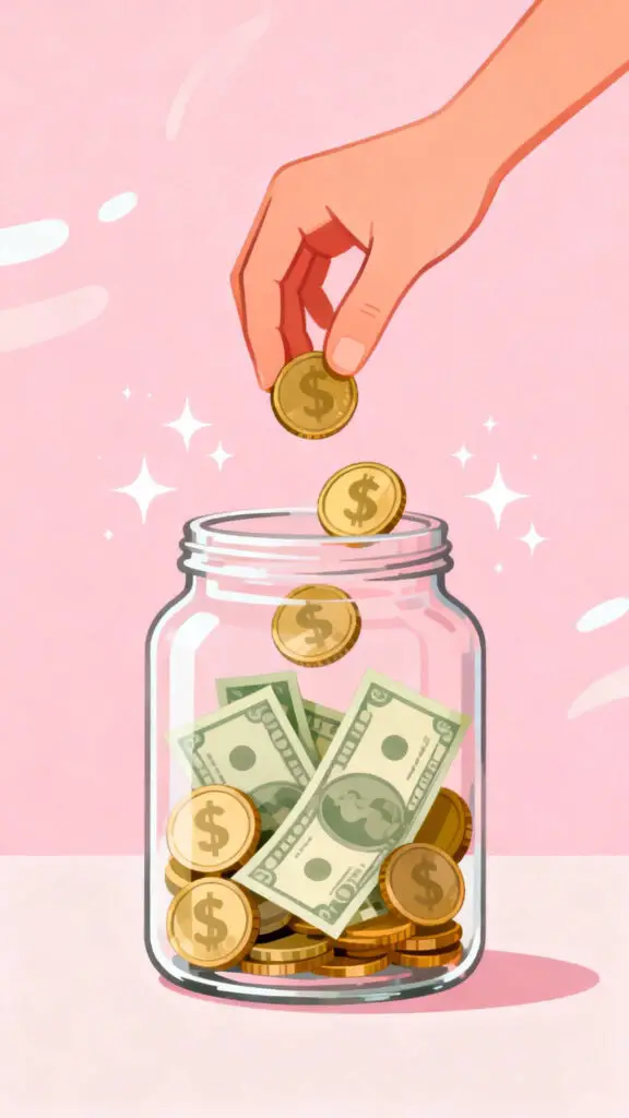 19 Fun and Effective Challenges to Boost Your Savings 3 Illustration of a jar filled with coins as a hand drops spare change inside, set on a pastel pink highlighted background.