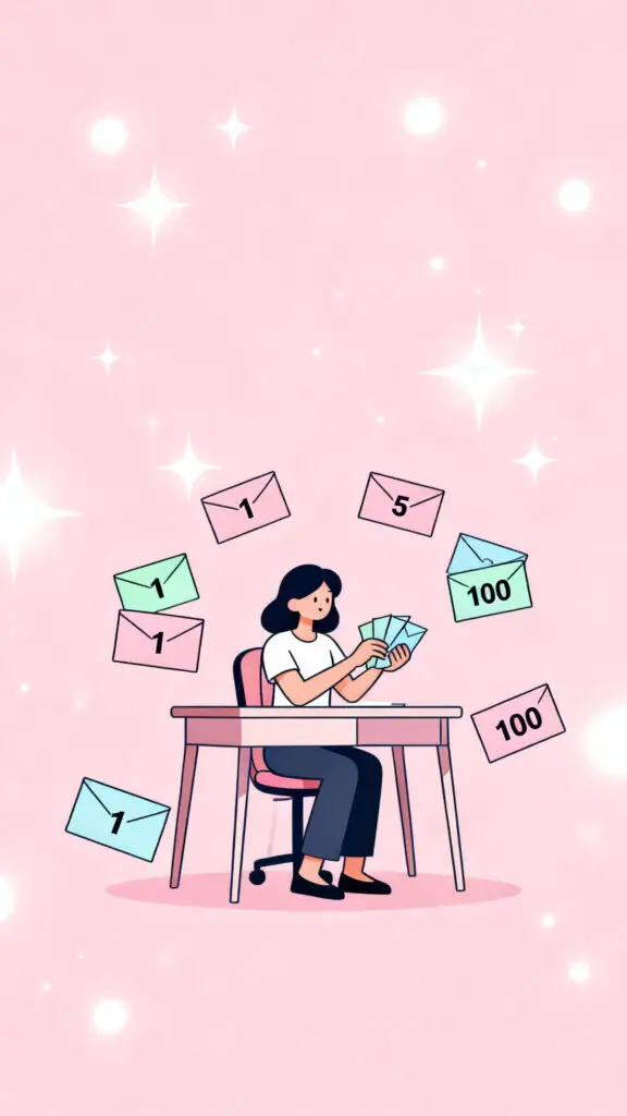 19 Fun and Effective Challenges to Boost Your Savings 2 Illustration of a woman shuffling envelopes labeled 1 to 100 at a desk, with a pastel pink highlighted background.