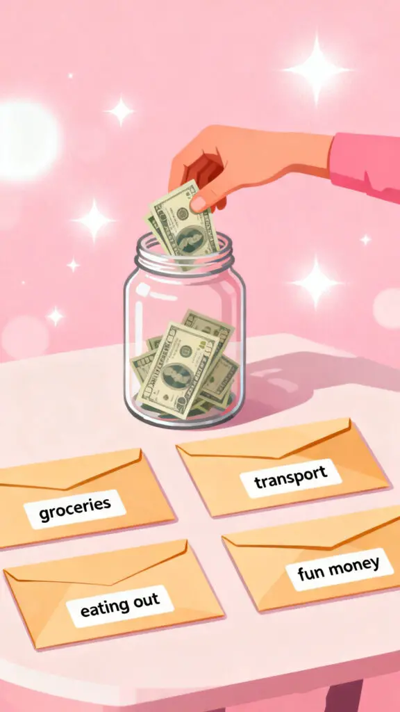Achieve $5000 From This Saving Challenge For Vacation 2 Illustration of labeled cash envelopes with a person placing leftover cash into a savings jar, set on a pastel pink highlighted background.